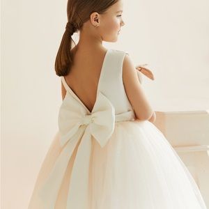 Satin flower girl dress with soft pink glitter tulle